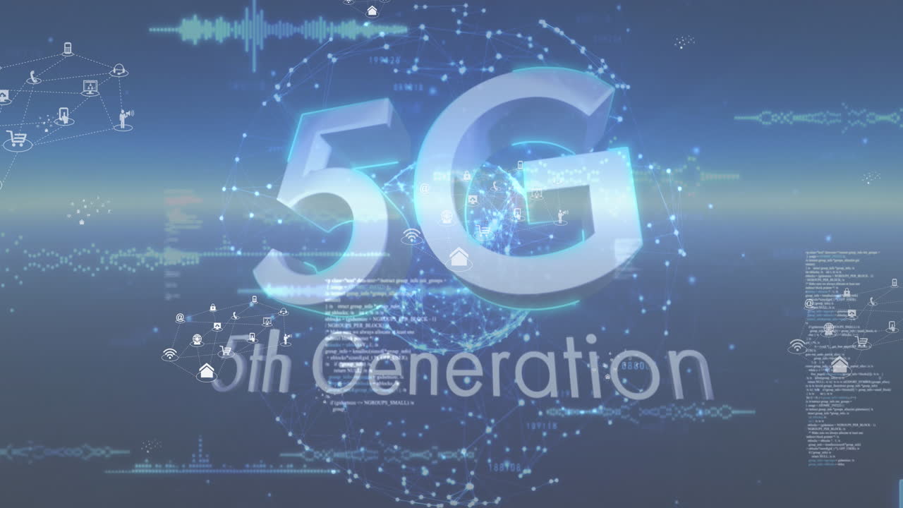 아이콘의 애니메이션, 데이터 처리 및 지구와 파란색 배경 위의 5g