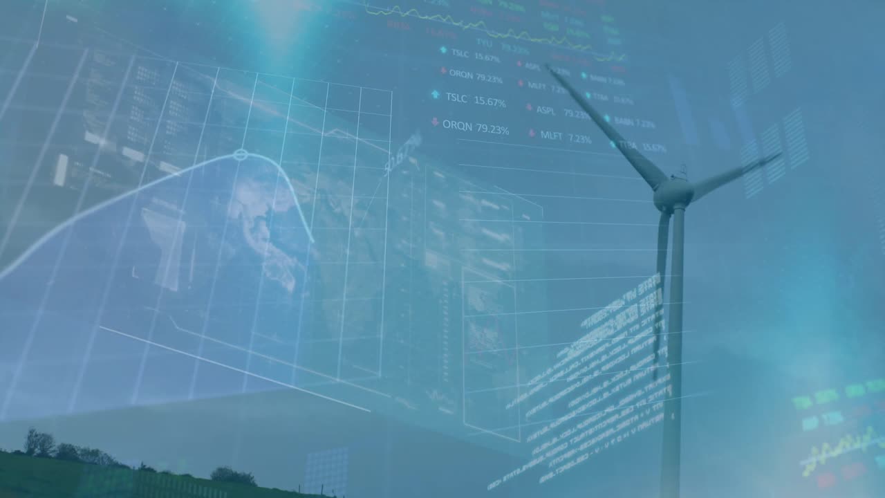 파란 하늘을 배경으로 회전하는 풍차에 대한 주식 시장 데이터 처리의 애니메이션