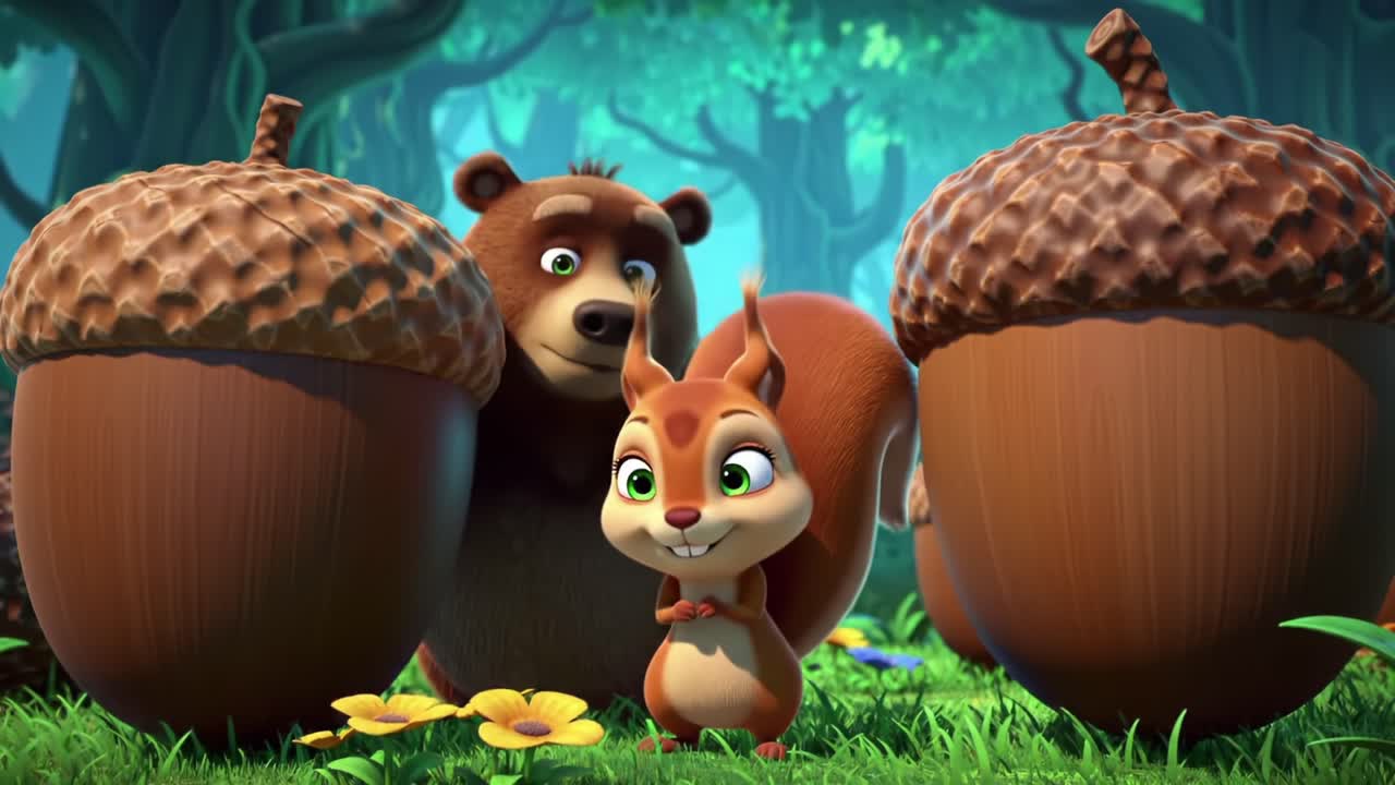A Playful Squirrel and Its Friendly Bear Companion Share a Joyful Moment in a Lush Forest Surrounded by Giant Acorns, Filled with Colors and Nature's Wonders