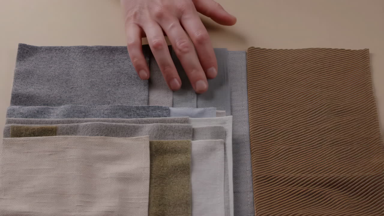 Hand touching various fabric samples