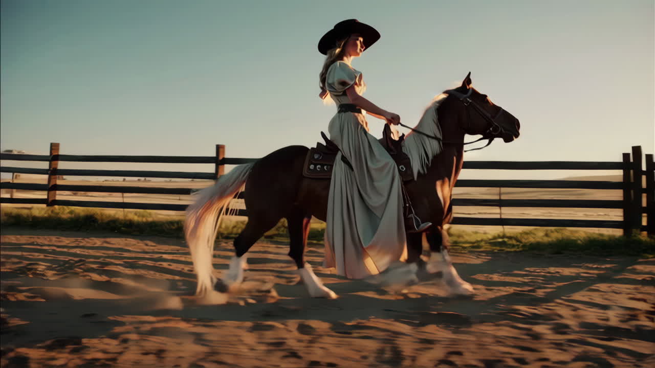 cowgirl a caballo al atardecer