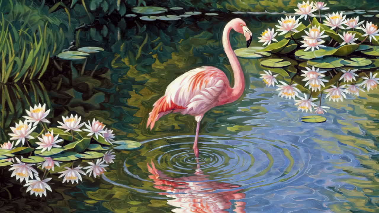 릴리 연못 에 있는 분홍색 플라밍고