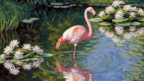 flamenco rosado en un estanque de lirios
