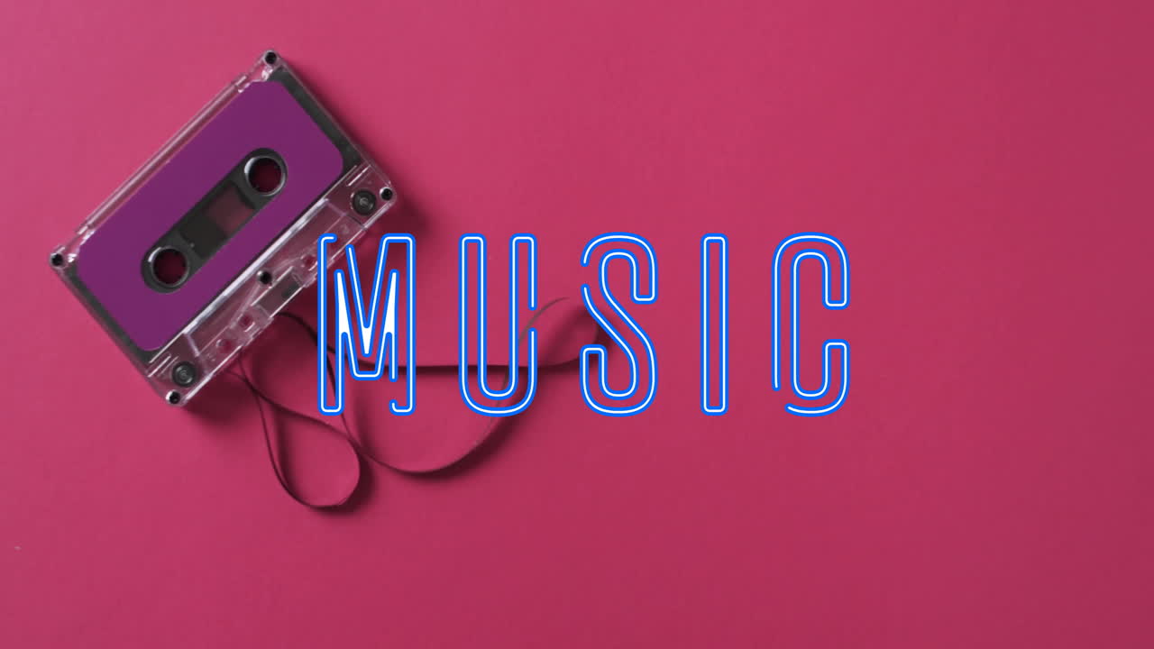 빨간 바탕에 테이프 위에 음악 텍스트의 애니메이션