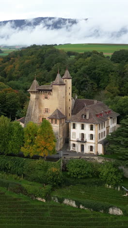 vertical, aerial: parallax drone shot of vaumarcus castle during the day in canton of neuchatel, switzerland