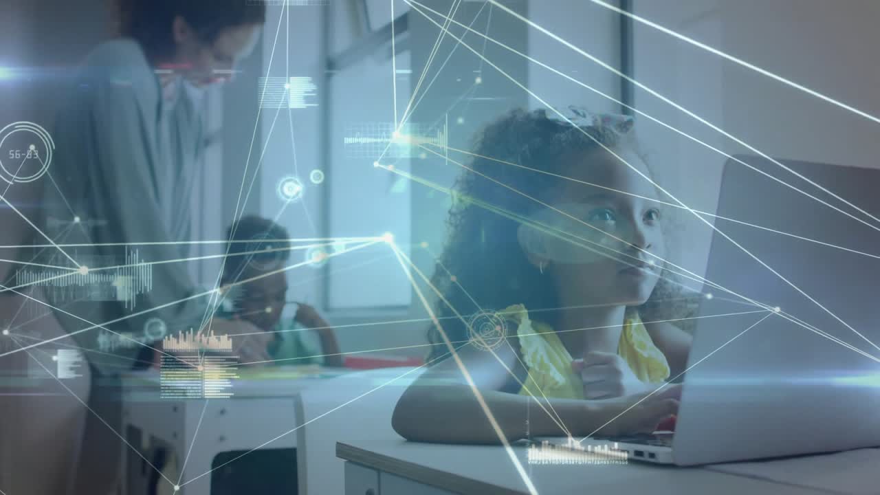 Network overlay appearing causing girl typing on laptop while teacher guiding boy for education