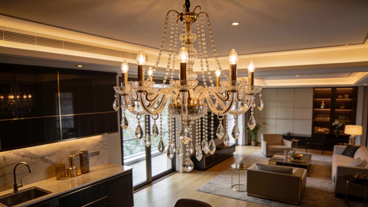 Kamera memperbesar mendekatkan lampu gantung kristal di apartemen berkonsep terbuka, menyoroti kristal.