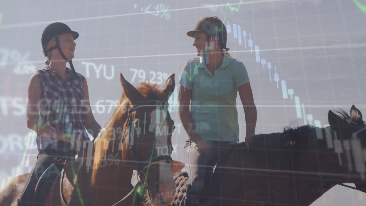Animation af finansiel databehandling over kaukasisk mand og kvinde, der rider på heste