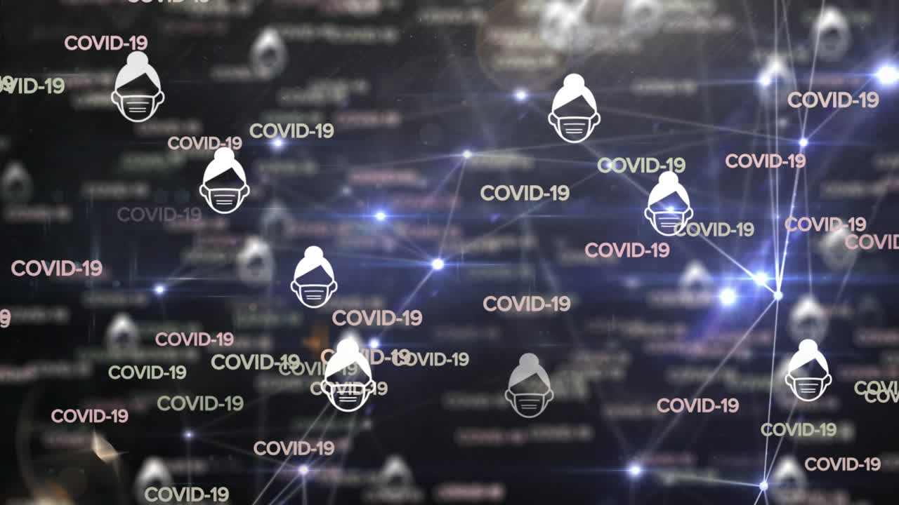 Animazione di testo COVID-19 ed emoji con mascherine e rete di connessioni