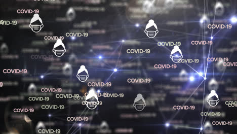 animación de texto y emojis de covid-19 con máscaras faciales con red de conexiones