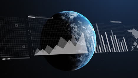 animación de la interfaz con el procesamiento de datos estadísticos en todo el mundo contra un fondo azul