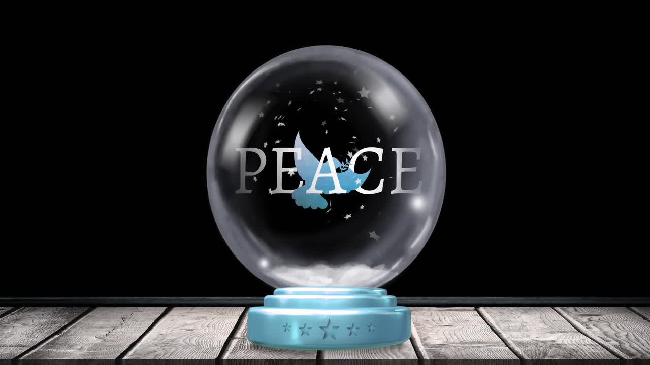 Animation of christmas snow globe with peace text, dove and snow falling on black background