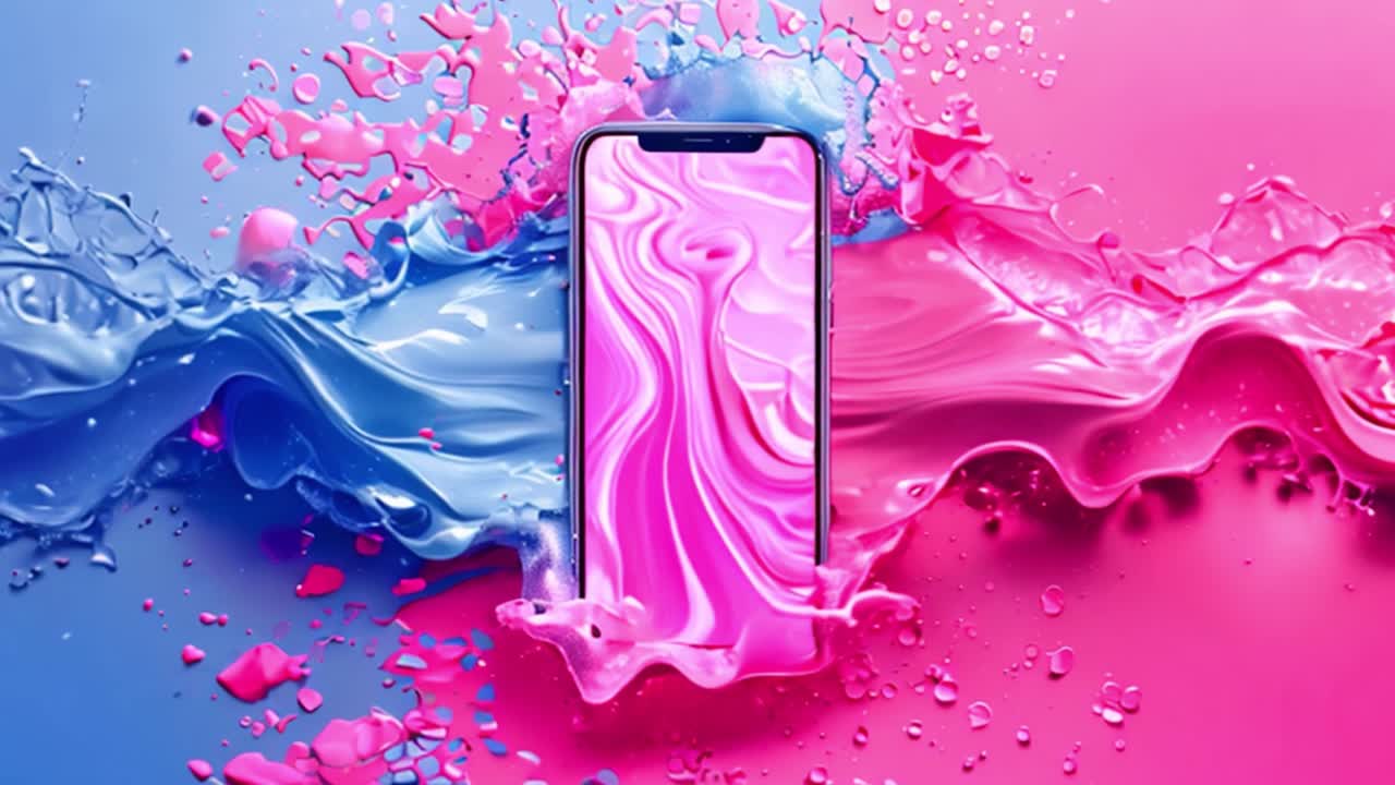 Smartphone amidst vibrant pink and blue liquid splashes