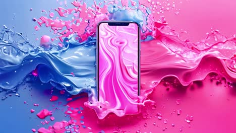smartphone amidst vibrant pink and blue liquid splashes