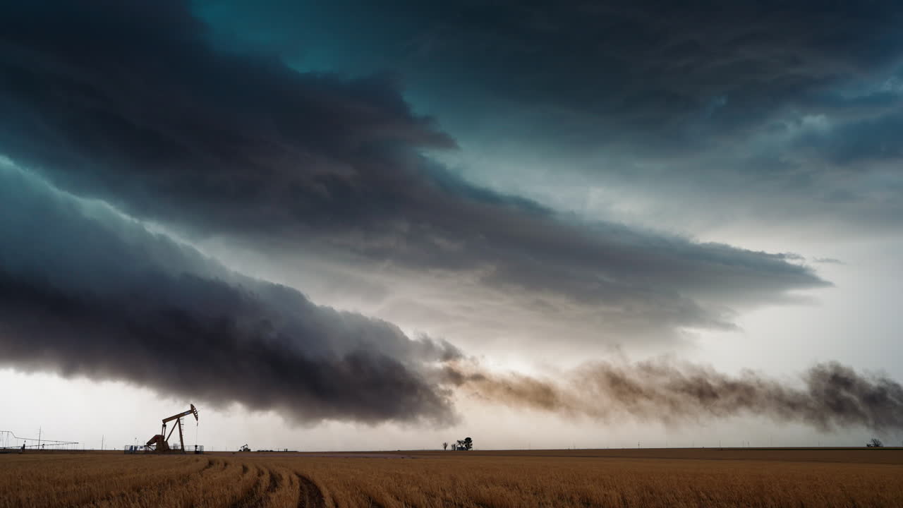 Dust Storm Approaches an Oil Pumpjack in a Field