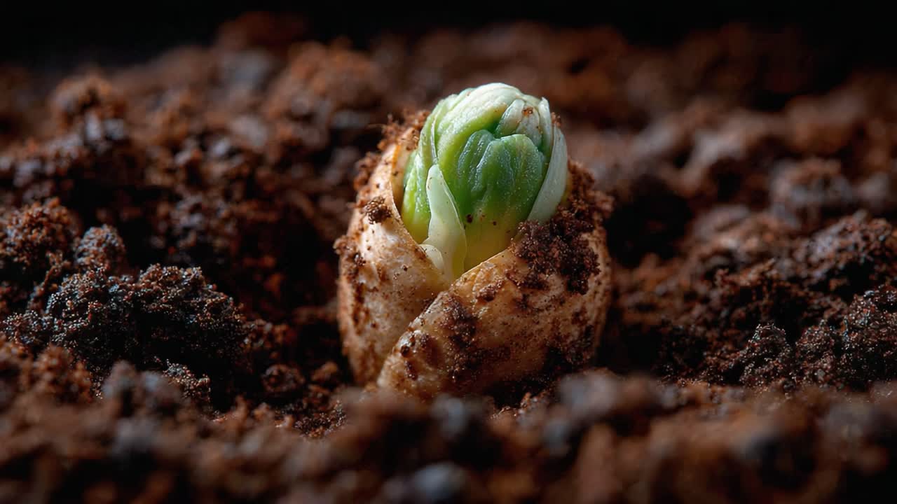 The Awakening of Life: A Seed Germinates from Rich Soil into a Green Sprout, Symbolizing Growth and Renewal in Nature's Cycle