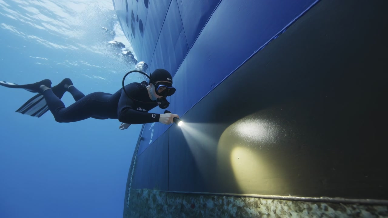 Approaching hull, wetsuit diver inspecting with tank, scanning ship bottom at open sea with torch