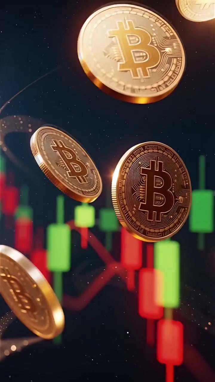 Moedas de Bitcoin douradas com fundo de gráfico de velas desfocado 4K