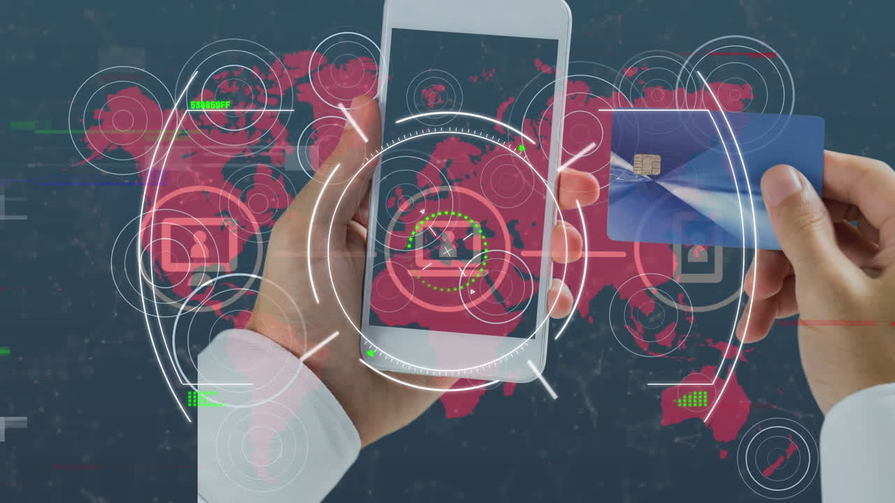 animación de escaneo de alcance sobre empresario caucásico usando tarjeta de crédito y teléfono inteligente