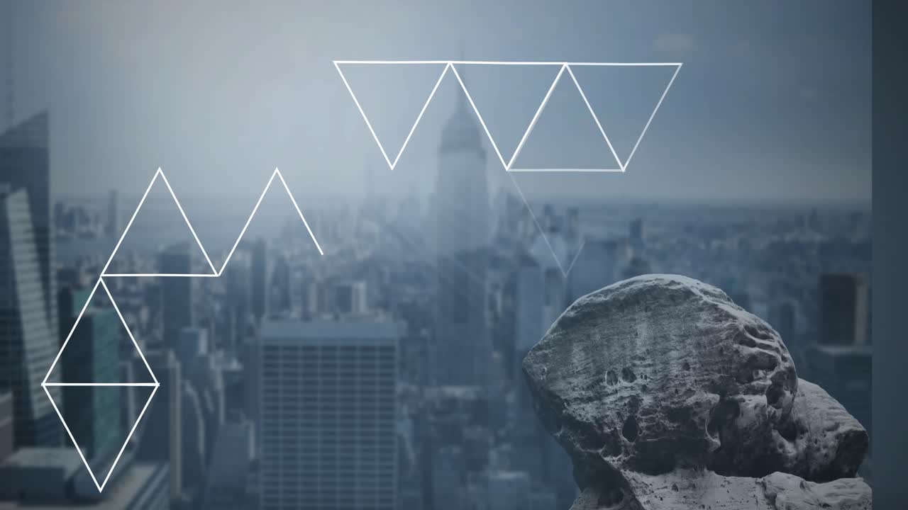 파란색 바탕에 도시 풍경을 가진 삼각형 네트워크의 애니메이션