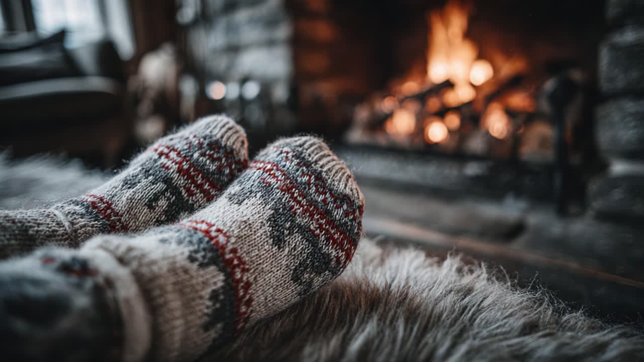 Cozy Feet by the Hearth: A Warm and Inviting Scene of Knitted Socks Resting Comfortably in Front of a Glowing Fireplace, Perfect for Winter Relaxation