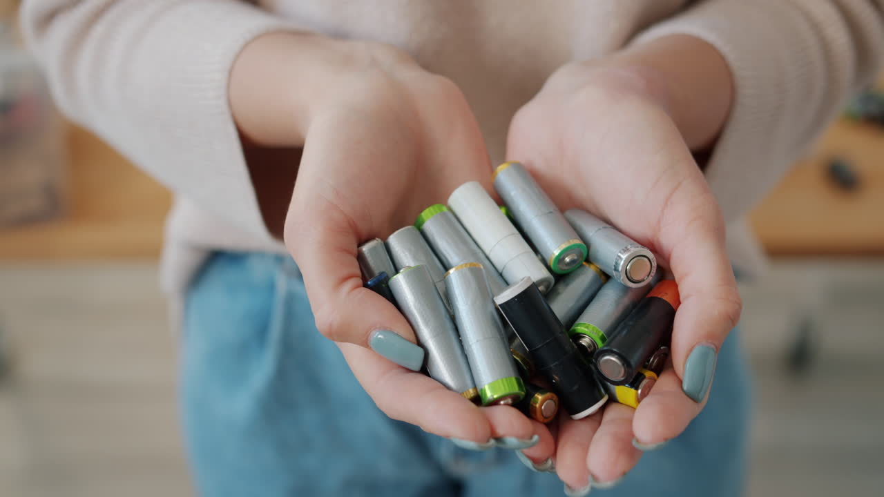 Used Batteries in Hands for Recycling