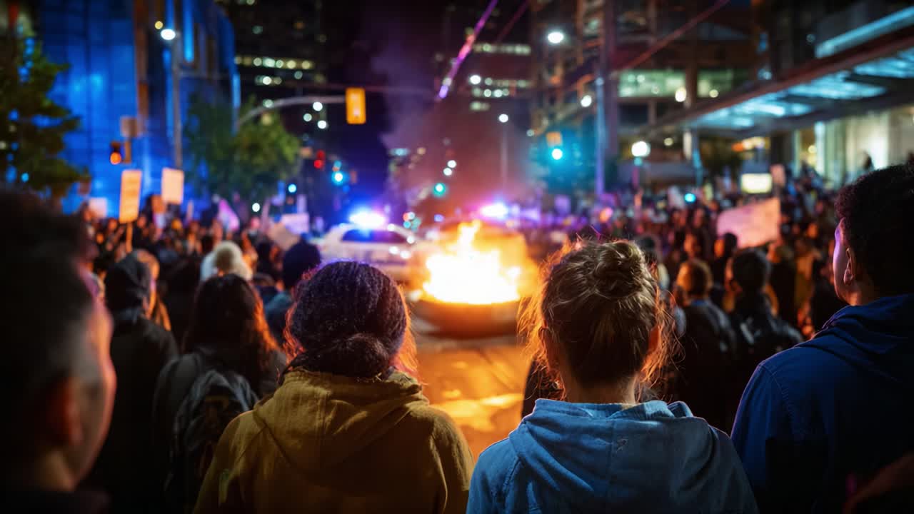 Engagerede borgere samles for at protestere i en bynatlig situation, omringer en brand med politiets tilstedeværelse og formidler et stærkt budskab om uenighed og solidaritet