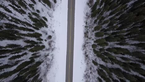 Vista-De-Arriba-Hacia-Abajo-De-La-Carretera-De-Alaska-Durante-El-Invierno,-árboles-Verdes