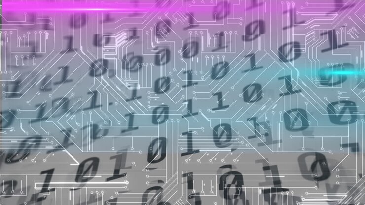 Animation of binary coding, data processing over glowing computer circuit board