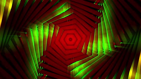 vuelo en túnel de figuras en forma de espiral giratorias con colores cambiantes, bucle sin costuras. movimiento. movimiento giratorio abstracto de hexágonos que crean un corredor sin fin