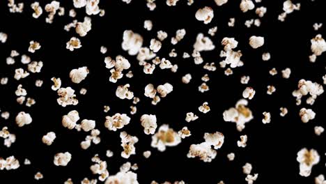 flying many popcorns on black background. white salty popcorn. healthy food. corn seed. 3d loop animation of popcorn rotating.