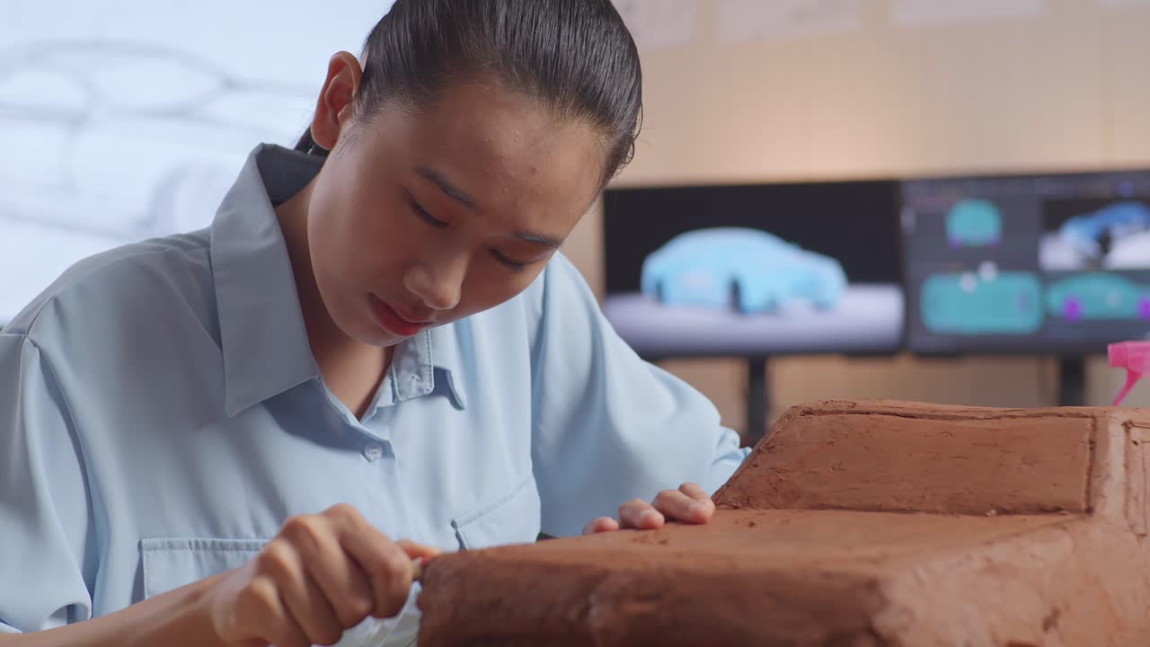 아시아 여성 자동차 디자이너가 자동차 점토 조각을 작업하면서 표면을 매끄럽게하고 스튜디오에서 디자인의 세부 사항을 만들기 위해 칼을 사용합니다.
