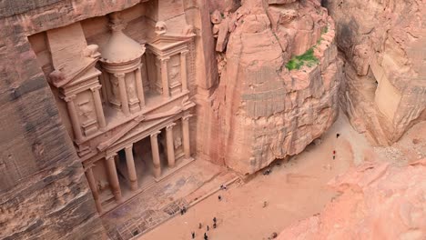 view from above, stunning view of al-khazneh (the treasury) one of the most elaborate temples in petra, a city of the nabatean kingdom, jordan