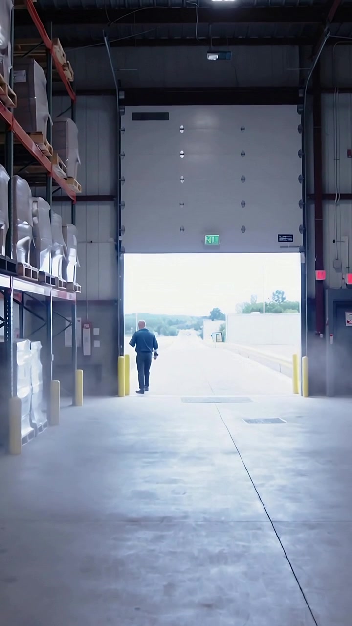 Vertical video: Walking worker in dark gear holding phone heading out bay door by sun, past racks