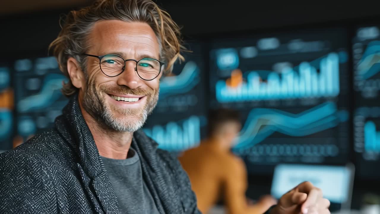 Businessman smiling and looking at camera in office with charts on screen