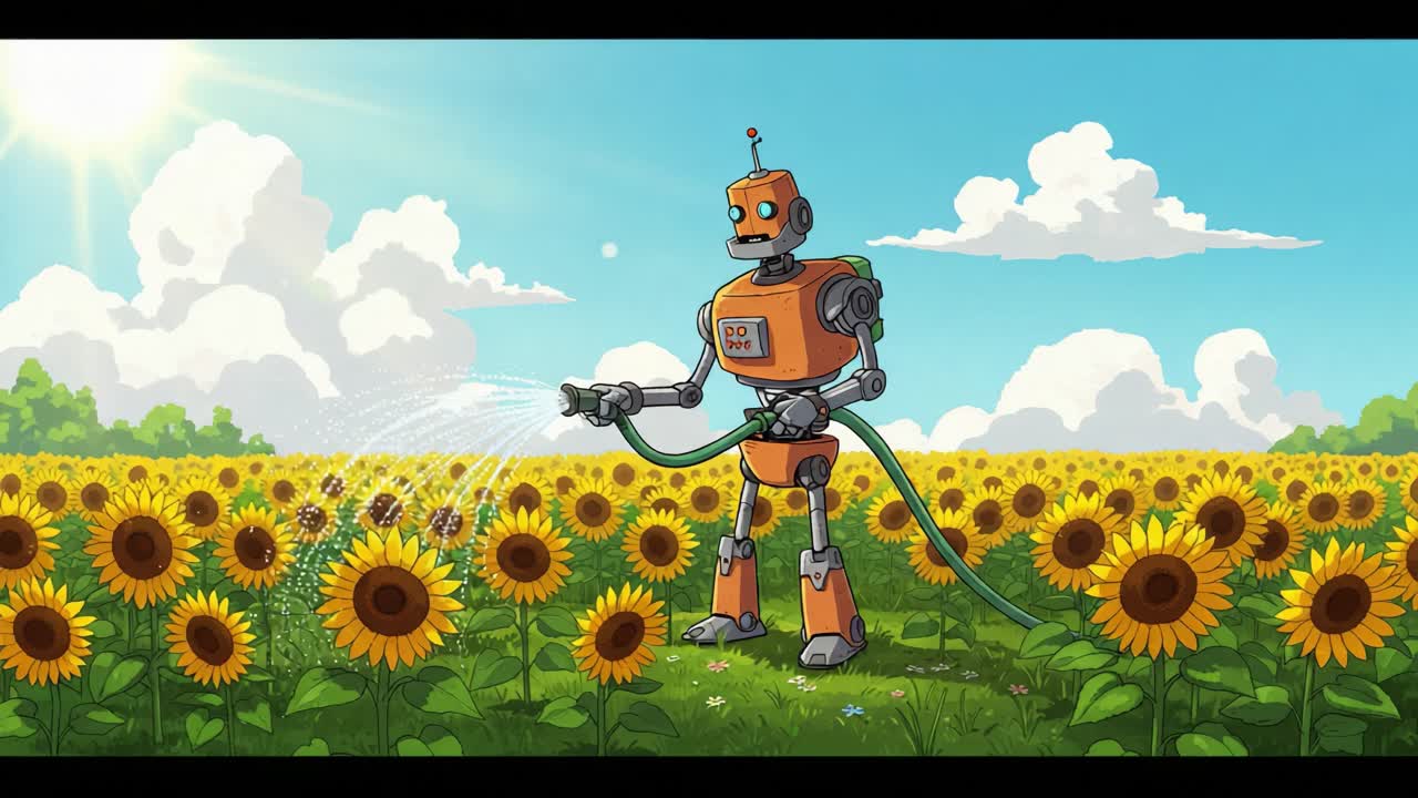 A Friendly Robot Tending to Sunflowers: A Vibrant Display of Nature and Technology in Harmony, Showcasing Innovation in Agricultural Care