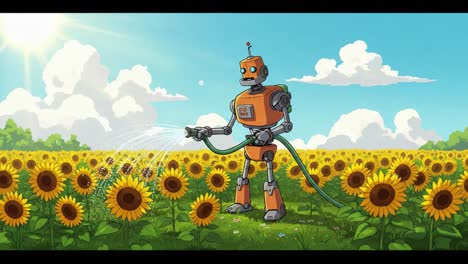 a friendly robot tending to sunflowers: a vibrant display of nature and technology in harmony, showcasing innovation in agricultural care