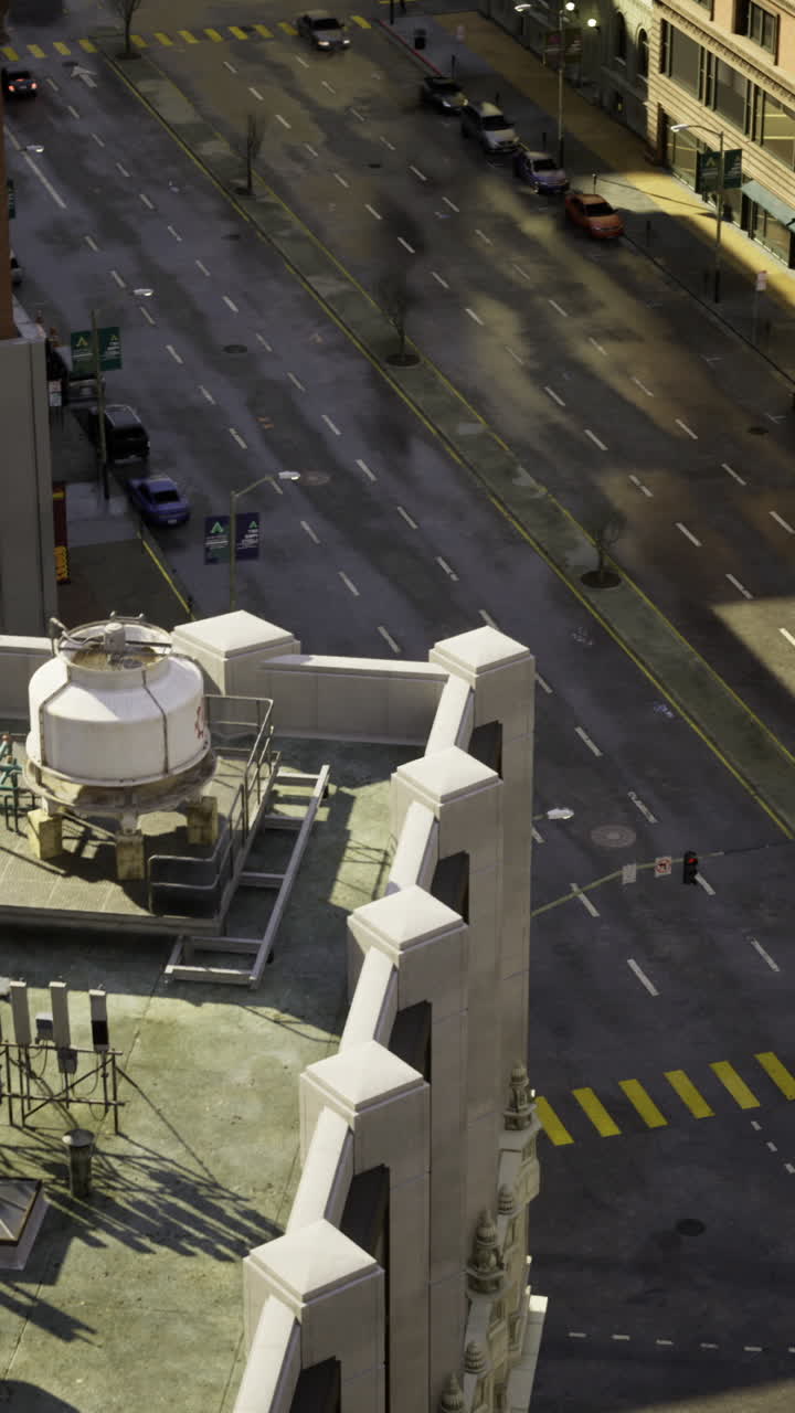A rooftop terrace displays modern equipment amidst historic architecture below
