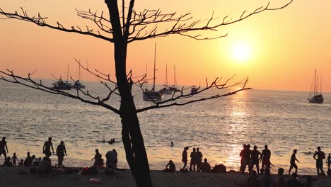 people enjoying a beach sunset with boats