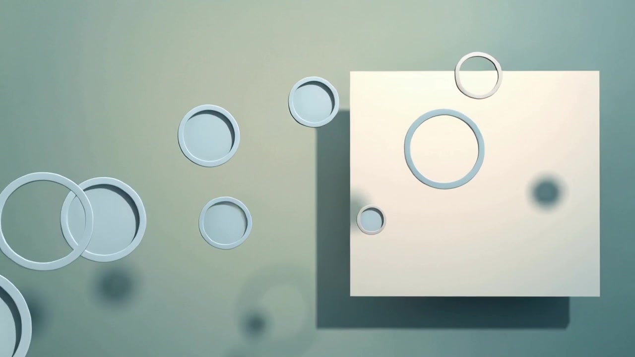 Hosting square panel on teal-gray gradient, pale blue hollow rings entering from left, copy space