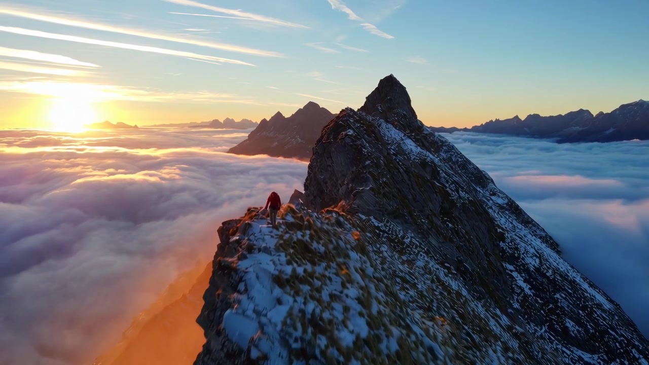 Excursionista caminando por una cresta de montaña nevada sobre las nubes al amanecer