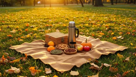 cozy autumn picnic spread in a park at golden hour