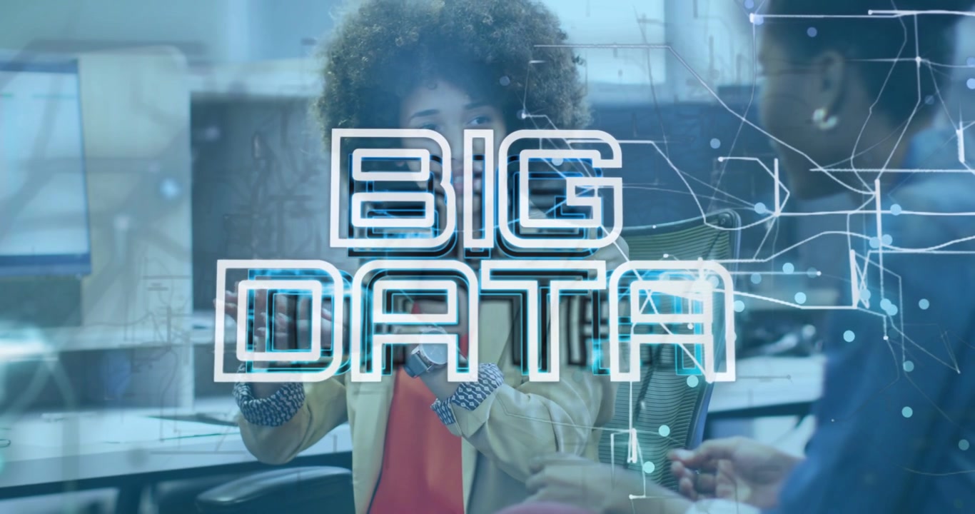BIG DATA overlay appearing, speaker gesturing and colleague responding, discussing data network
