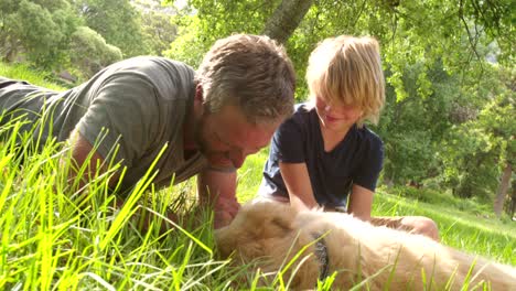 dad plays with his cute son and their dog outside