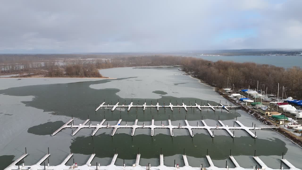 Aerial pulling out from a snow covered winter dock.
