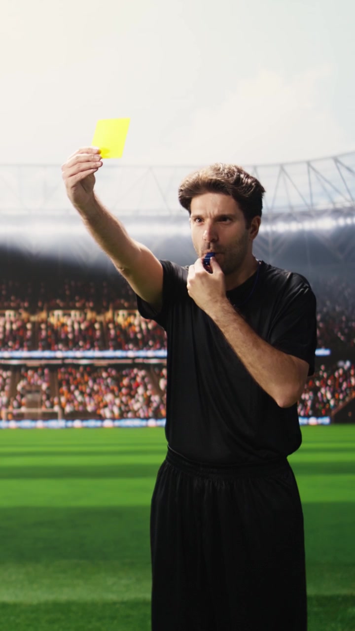 Video verticale: Arbitro di calcio mostra un cartellino giallo a un giocatore dopo aver commesso un fallo.