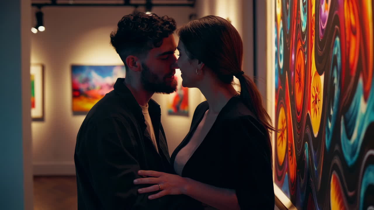 Forelsket par på et kunstgalleri