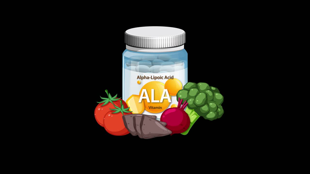 Supplement bottle gains surrounding vegetables, highlighting nutrition, on a black background with smooth transitions