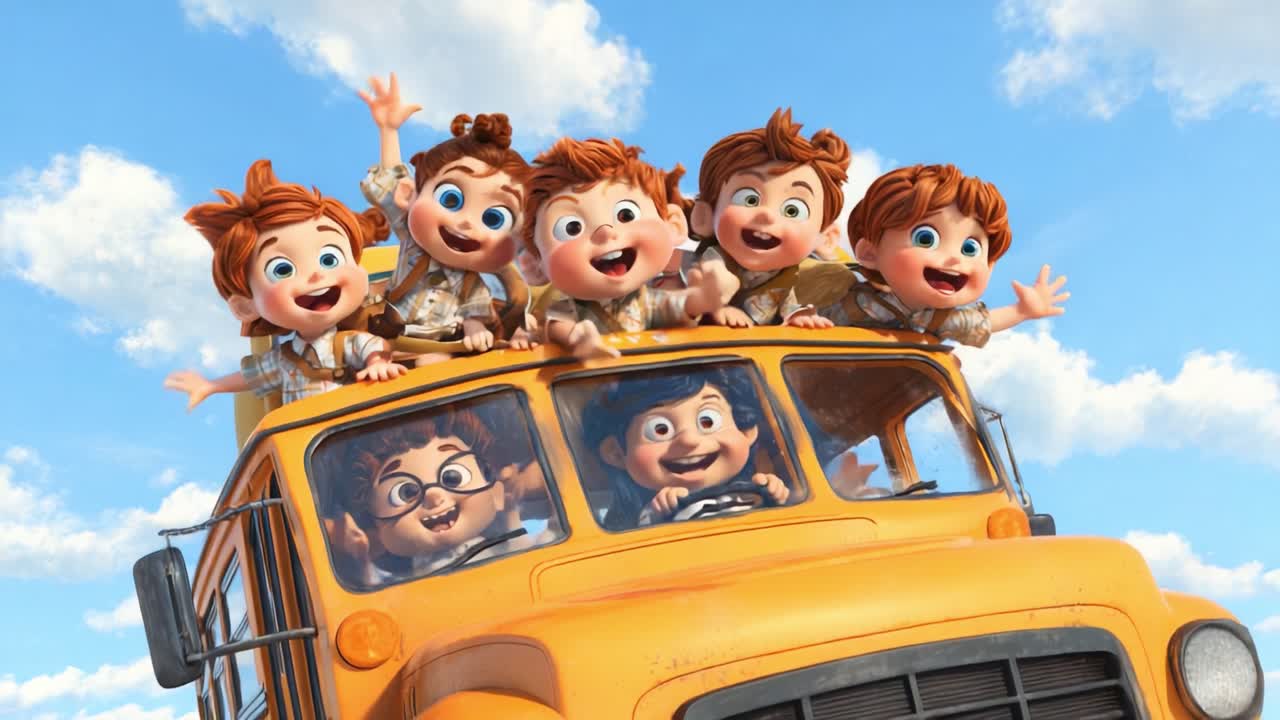 A vibrant group of cheerful cartoon children joyfully riding atop a classic yellow school bus, waving under a clear blue sky filled with fluffy white clouds, showcasing camaraderie and adventure