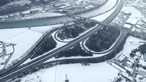 Aerial-drone,-highway-crossing,-winter,-Austria